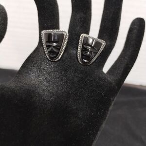 Vintage 1940's Sterling Silver And Black Onyx Carved Mens Cuff Links